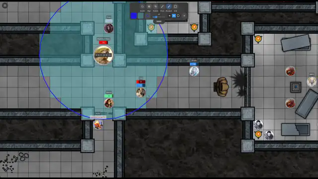 Measure, AoE shapes, fog, scene dock, and token bars