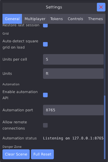 Automation API settings in the General tab of Settings