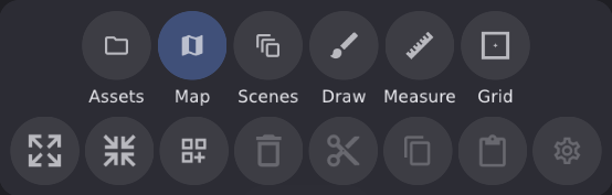 Map tab action buttons for fill, fit, tile, clipboard, and token details