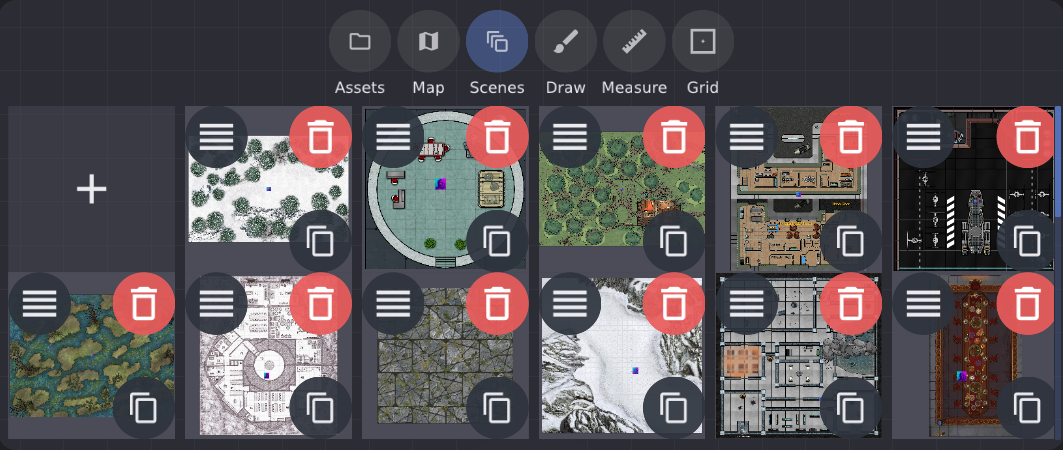 Scenes tab thumbnail grid with add, reorder, duplicate, and delete chrome