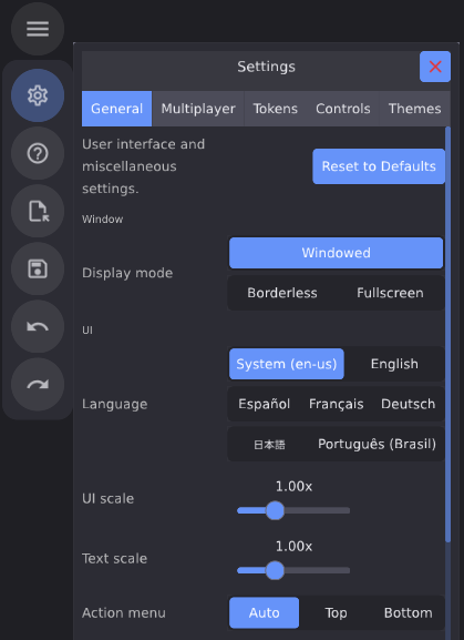 Settings menu with General, Multiplayer, Tokens, Controls, and Themes tabs