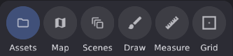 Expanded Tools drawer with Assets, Map, Scenes, Draw, Measure, and Grid tabs